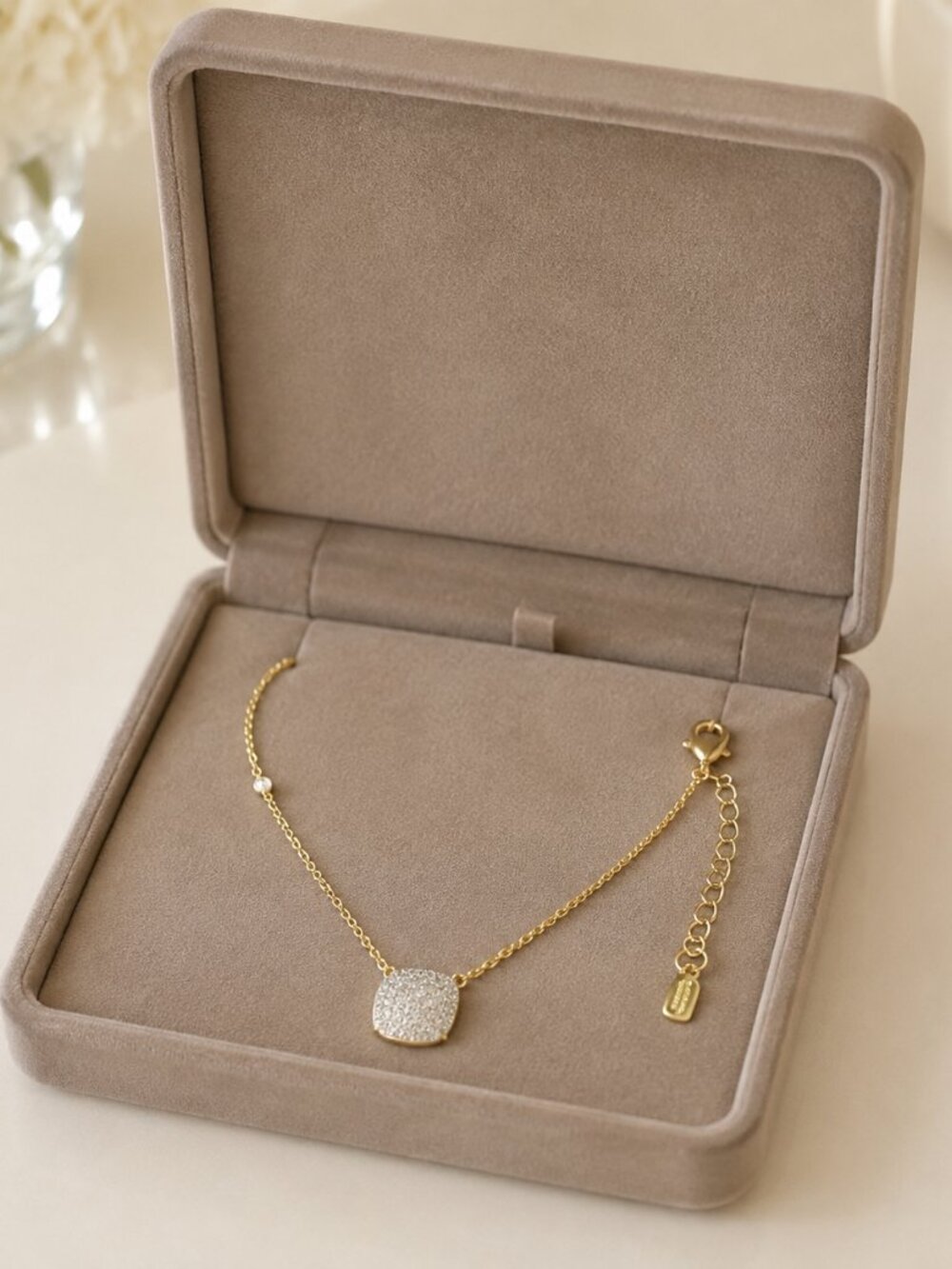 Kate Spade Pave Crystal 1/2” Square Pendant Necklace Gold Plated NWT